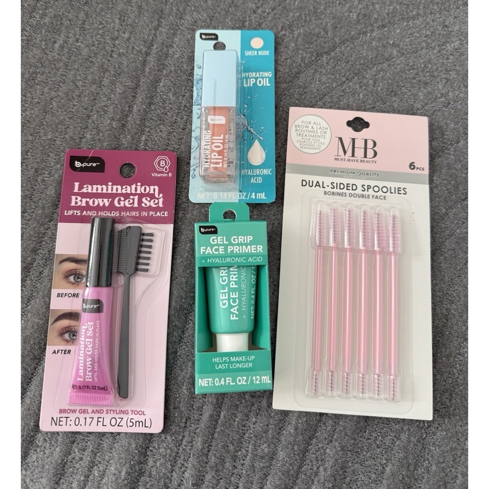 b.pure & MB Beauty Makeup Lot – Lip Oil, Brow Gel, Face Primer, Spoolies 4 items